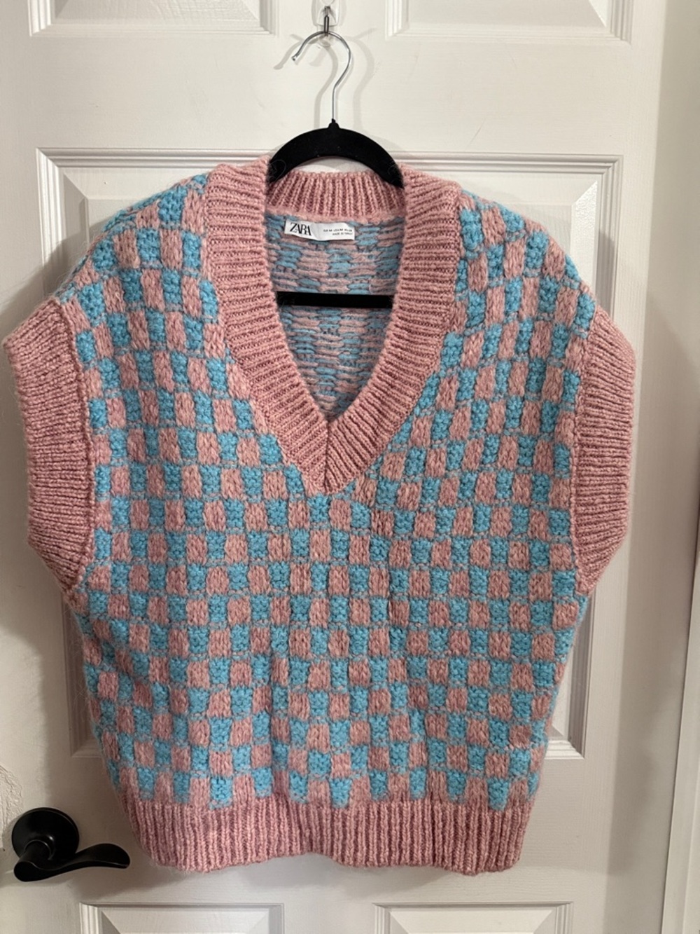 Zara Pink & Blue Checkered V-Neck Sweater Vest